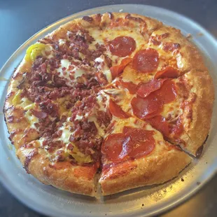 pepperoni, sausage, and cheese pizza