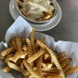 My plain fries and boyfriends cheese fries