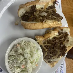 Steak sandwich and cole slaw