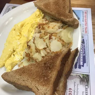 Eggs, potatoes, wheat toast-yummy!