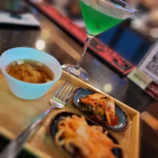 a plate of food and a drink