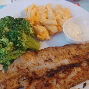 Blackened fish, broccoli,  Mac n cheese