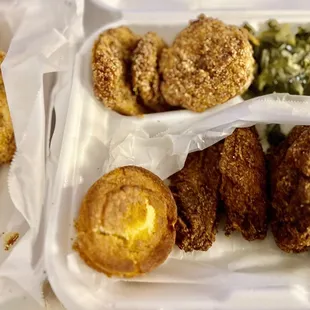 Fried catfish, Cajun wings, fried green tomatoes, collard greens