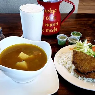 Lunch lentil soup special, chicken empanada with guanabana drink