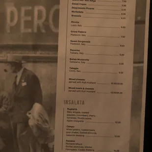 Cheese, salami, and salad menu