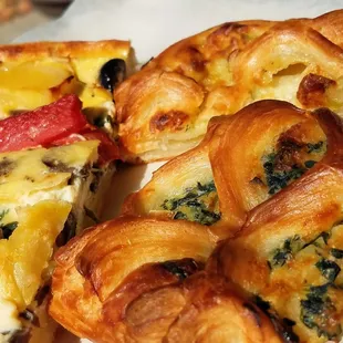 1/3 serving each of Veggie quiche, Leek then Spinach pastries, savory, tender and crisp all at once!
