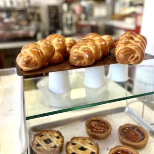 pastries on display in a bakery