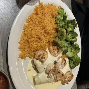 Crab and Shrimp Enchiladas with Rice and Grilled Broccoli