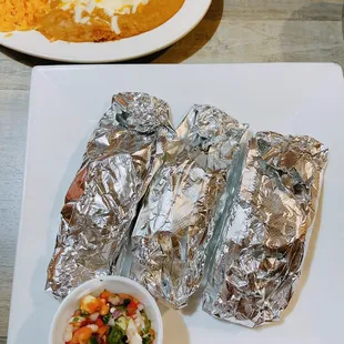 Carne Asada Tacos with side of rice and beans