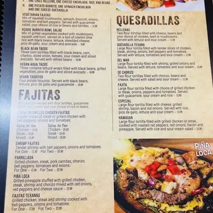 Menu (June 2021): Vegetarian &amp; Vegan, Quesadillas, Fajitas