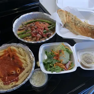 Chicken Stack with a side of Pasta and Tomato Sauce, Side Salad, Garlic Bread