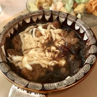 Crock of French onion soup