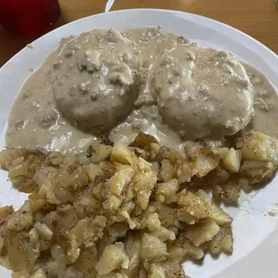 Biscuits with special gravy and potatoes.