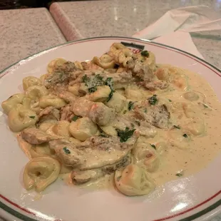 Chicken tortellini with Alfredo sauce, came with two slices of garlic bread and a salad.