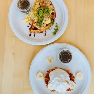 Half waffle with balsamic glaze, scrambled egg and arugula; Liege Waffle with bananas and whipped cream