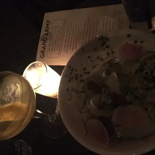 My plate of market greens and deviled eggs with a cocktail