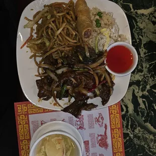 Mongolian beef combo. Comes with veggies egg roll, fried rice, chow mean and soup.