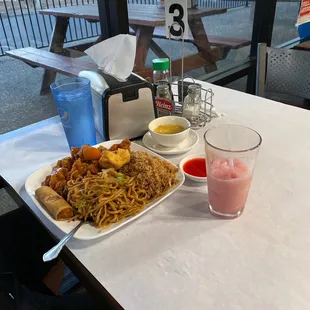 Orange Chicken Dinner Special. Comes with soup of the day, Rangoon, egg roll, and rice and chow mein. &amp; Watermelon smoothie.