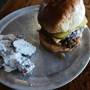 Buster Burger and smoked potato salad