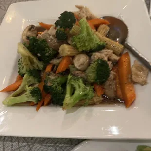 Garlic pepper chicken.  Look at all these vegetables!
