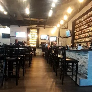 Bar with liquor display along wall. If it's not there, they don't have it.