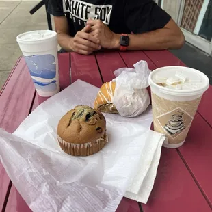 Bear Claw and Blueberry Muffin Iced Chai Latte and Italian Soda