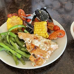 Crawfish boil baked salmon green beans