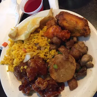 General tso,chicken n mushrooms, potatoes, fried chicken wing, buffalo chicken wing, fried rice, crab ragoon and sweet n sour sauce