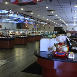 a view of a buffet from the front of the restaurant