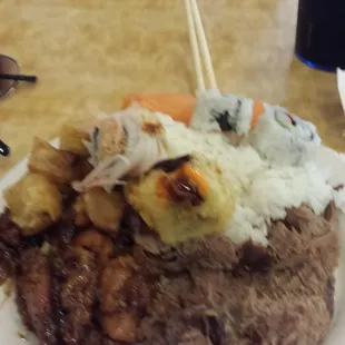 Brisket, sushi, rice, potatoes, chicken