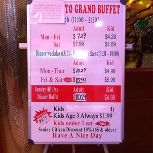 Pricing for the various days