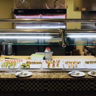 a buffet with a variety of food items