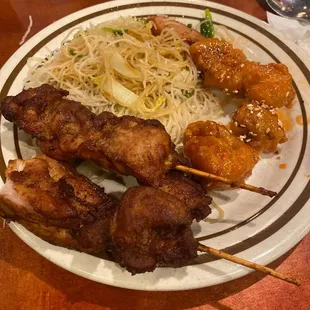 Rice Noodles with Teriyaki chicken on a stick with my fav honey chicken