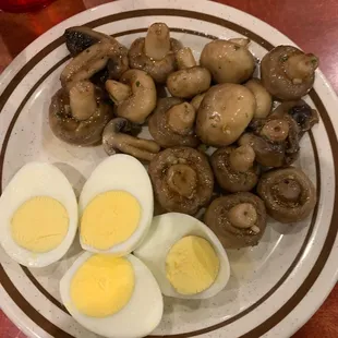 a plate of eggs, mushrooms, and mushrooms