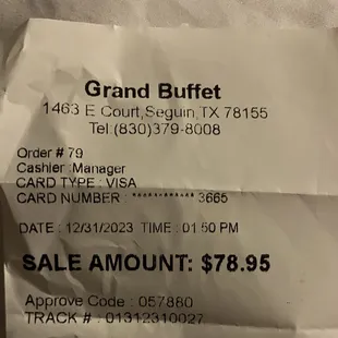 Receipt for four adults enjoying the buffet, after tax and before tip. 31DEC23