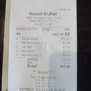 the receipt for the restaurant