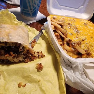 Breakfast  Burrito Combination (With Asada and Sour Cream added upon request)  Large Chili Cheese Fries  2 Drinks