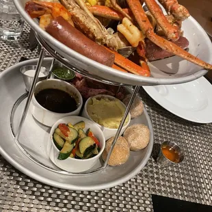 Seafood boil and prime rib tower.