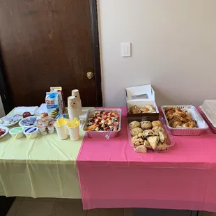Scrambled eggs, toasted bread &amp; bagels, muffins, croissants, scones, pancakes, turkey bacon, pork bacon, fruits and hash potatoes.