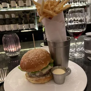 a burger and fries