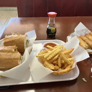 chicken philly, fries, egg rolls