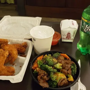 Chicken wings with  mumbo sauce on the side - beef and broccoli and generic ginger ale.  Overall everything was really good!
