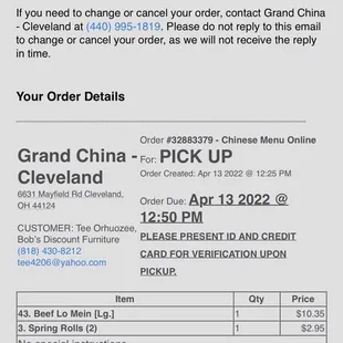 the order details for the grand china
