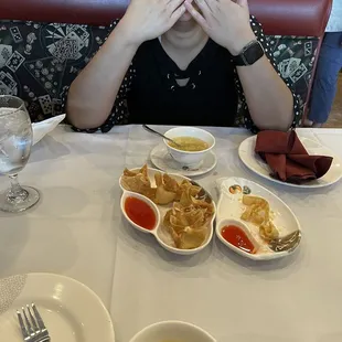 Peekaboo we got Egg Flower Soup and Crab Rangoon