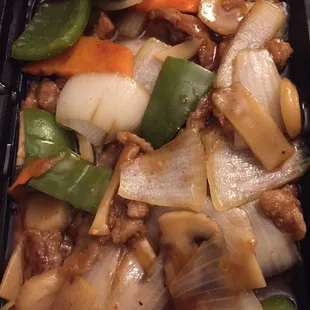Pork in hot garlic sauce for takeout. Lots of vegetables!