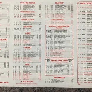 Dinner menu (all items are also served during lunch hours)