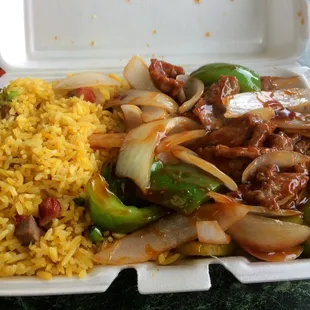 I was eating in, but was served food in a box. The food itself looks good, but the vegetables and meat were &quot;meh.&quot; The fried rice was good.