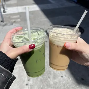 sweetened iced matcha latte with oat milk and a sweetened iced latte with oat milk