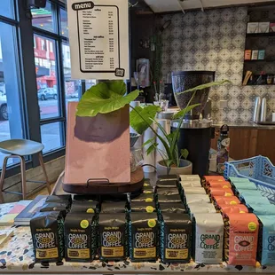 a display of coffees and coffee bags