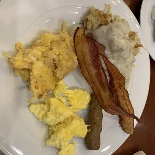 Hashbrown Casserole, Hashbrowns with gravy, eggs, bacon, sausage link